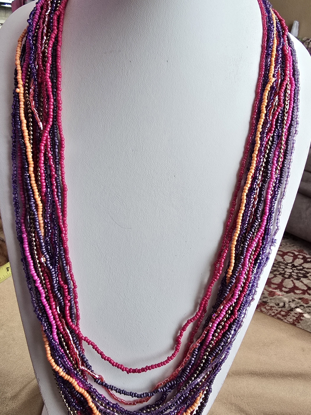 Chico's Multi-Strand Pink, Purple & Peach Seed Bead Necklace